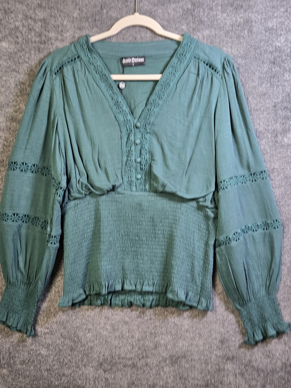 Scarlet Darkness Top Womens L Forest Green Gauzy Smocked Peasant Rennaisance New